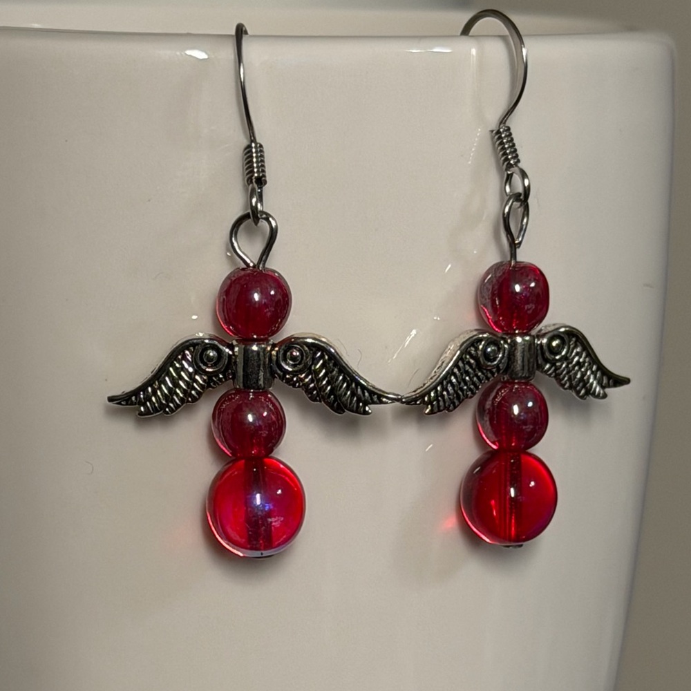 Handcrafted Red Angel Wing Earrings - Picture 4 of 13